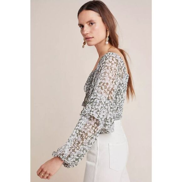 MISA Los Angeles Helaine Floral Top Women's XS Beige Green Long Tiered Sleeve - Picture 10 of 11